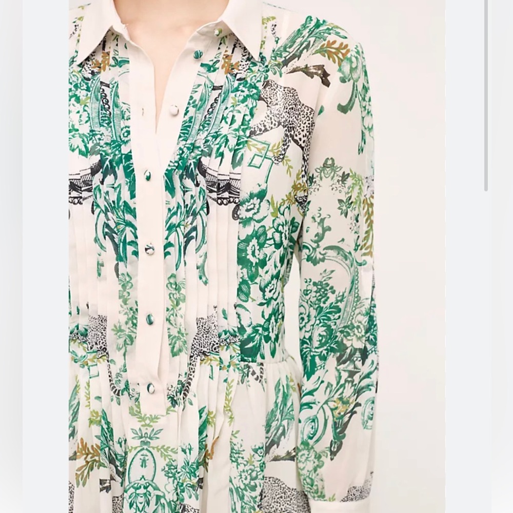 Anthropologie White Dress with Green Botanical & Black Leopard Print - Picture 4 of 9